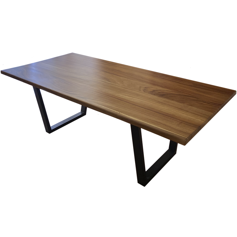 Mesa de comedor con cubierta de 2" de madera sólida de Parota y bases de acero con pintura electrostática. CONCAVO muebles