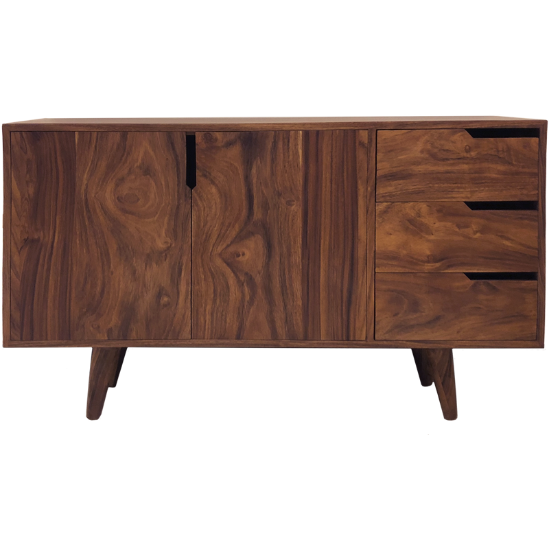 Credenza de madera sólida de Parota con 3 cajones y puertas con repisa adaptable a diferentes niveles. CONCAVO muebles.