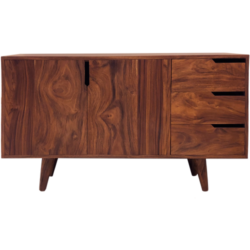 Credenza de madera sólida de Parota con 3 cajones y puertas con repisa adaptable a diferentes niveles. CONCAVO muebles.