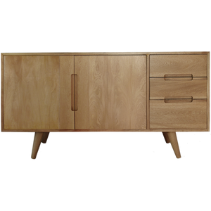 Credenza de madera sólida con 3 cajones y puertas con repisa adaptable a diferentes niveles.  CONCAVO muebles
