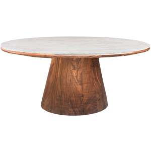 Mesa de comedor con base cónica de madera sólida Tzalam y cubierta de mármol carrara sobre tablero con vista de madera sólida. CONCAVO muebles